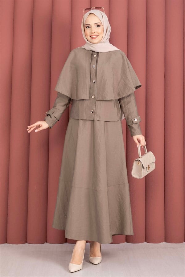 2 Piece Set with cape, epaulette detail, and skirt, in mink color.
