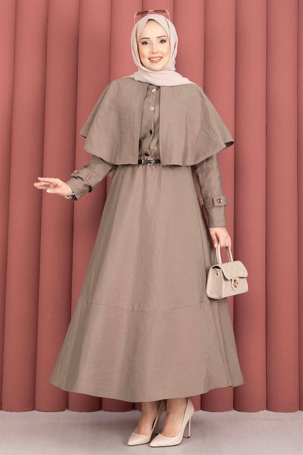 2 Piece Set with cape, epaulette detail, and skirt, in mink color.