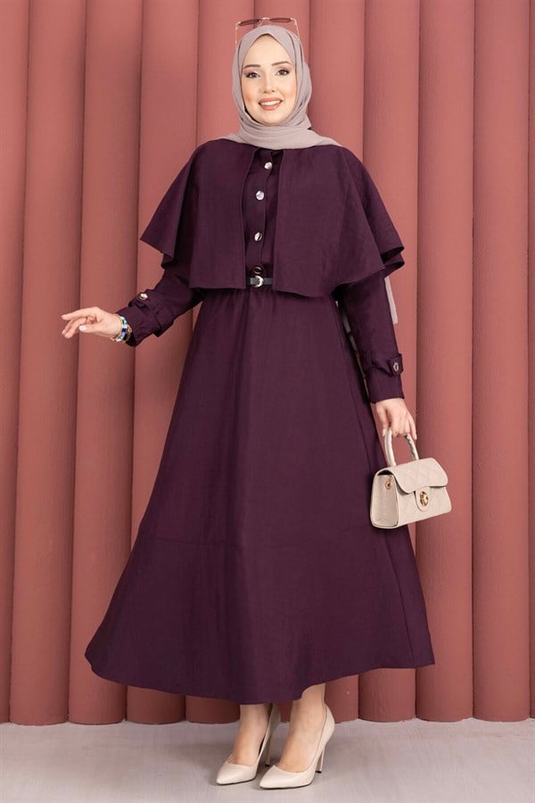 2 Piece Set with cape, epaulette detail, and skirt, in plum color.