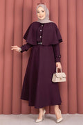2 Piece Set with cape, epaulette detail, and skirt, in plum color.