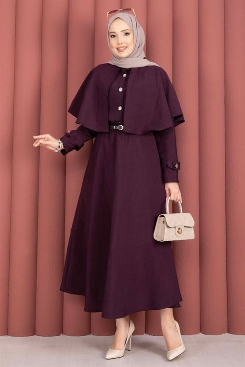 2 Piece Set with cape, epaulette detail, and skirt, in plum color.