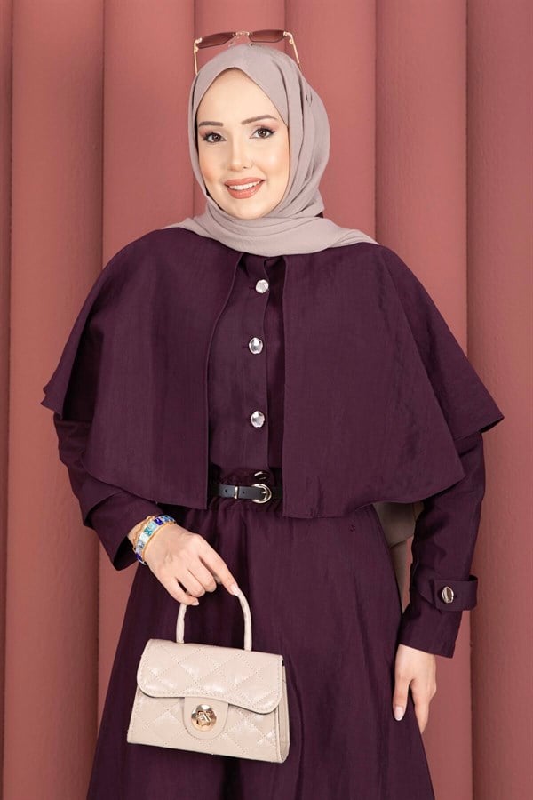 2 Piece Set with cape, epaulette detail, and skirt, in plum color.