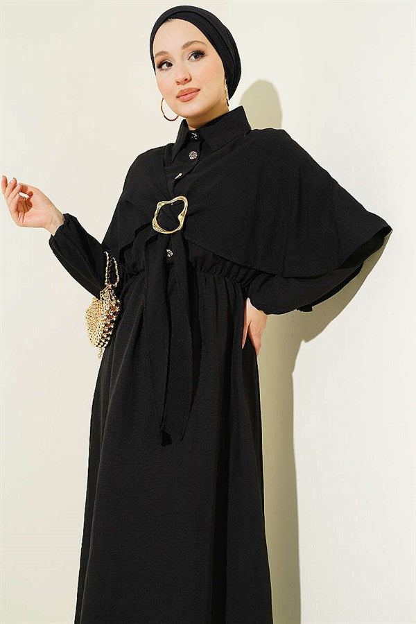 Cape Dress with Elastic Waist and Half Button Closure, Black