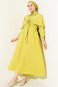 Cape Dress with Elastic Waist and Half Button Closure, Olive Green