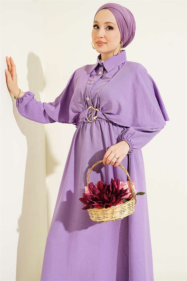 Cape Dress with Elastic Waist and Half Button Closure, Lilac