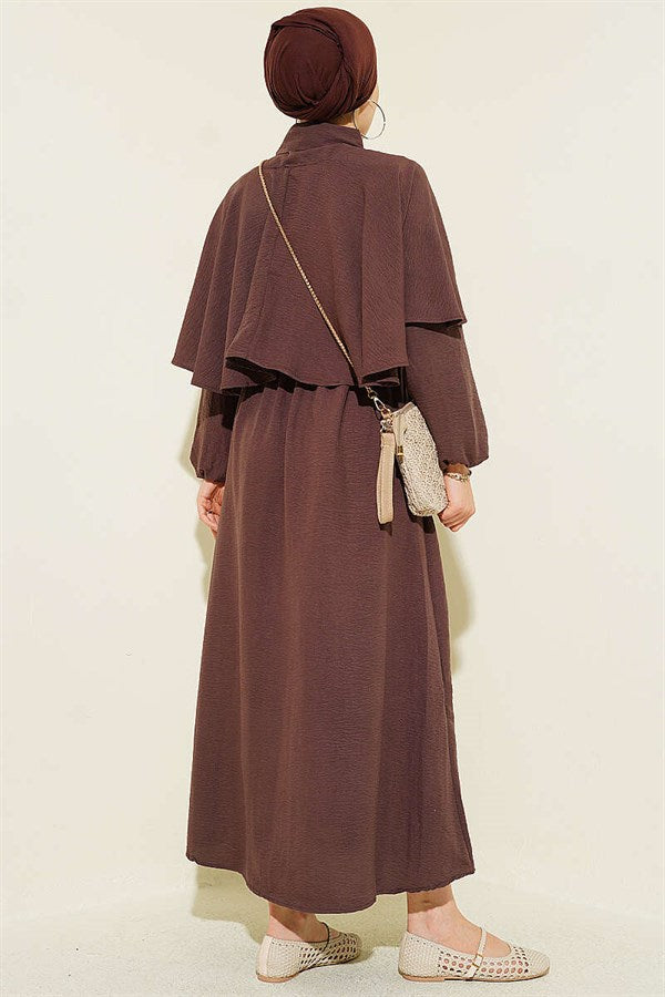 Cape Dress with Elastic Waist and Half Buttons, Brown