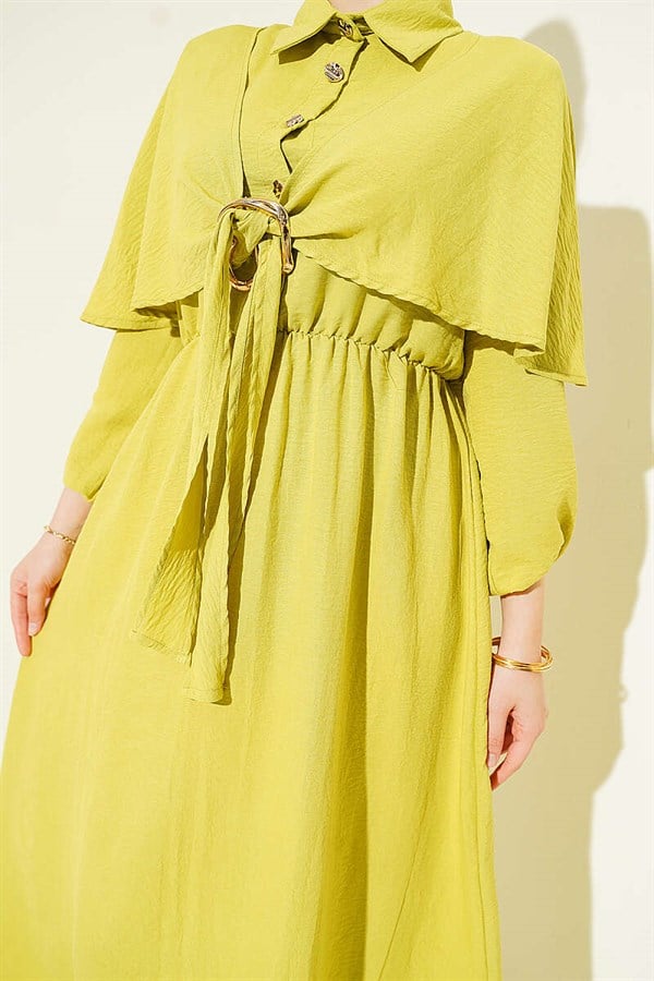 Cape Dress with Elastic Waist and Half Button Closure, Olive Green