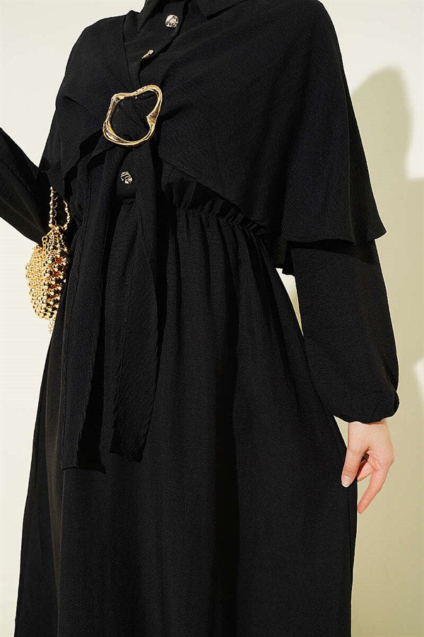 Cape Dress with Elastic Waist and Half Button Closure, Black