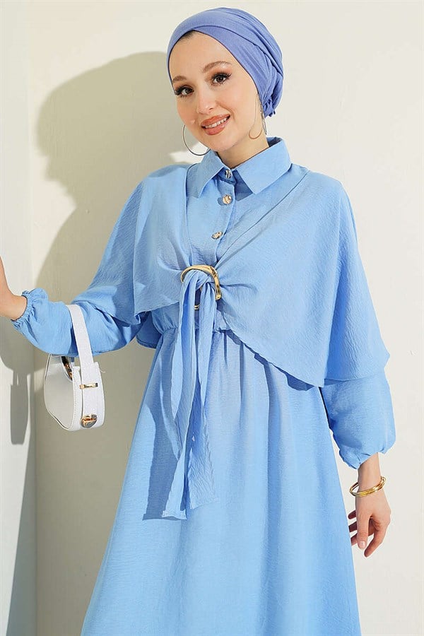 Cape Dress with Elastic Waist and Half Button Closure, Blue