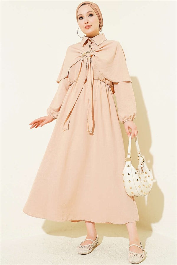 Cape Dress with Elastic Waist and Half Button Closure, Beige