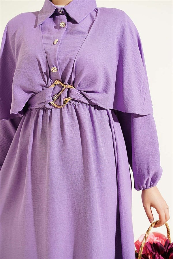 Cape Dress with Elastic Waist and Half Button Closure, Lilac