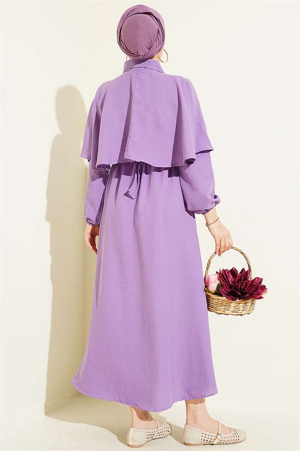 Cape Dress with Elastic Waist and Half Button Closure, Lilac