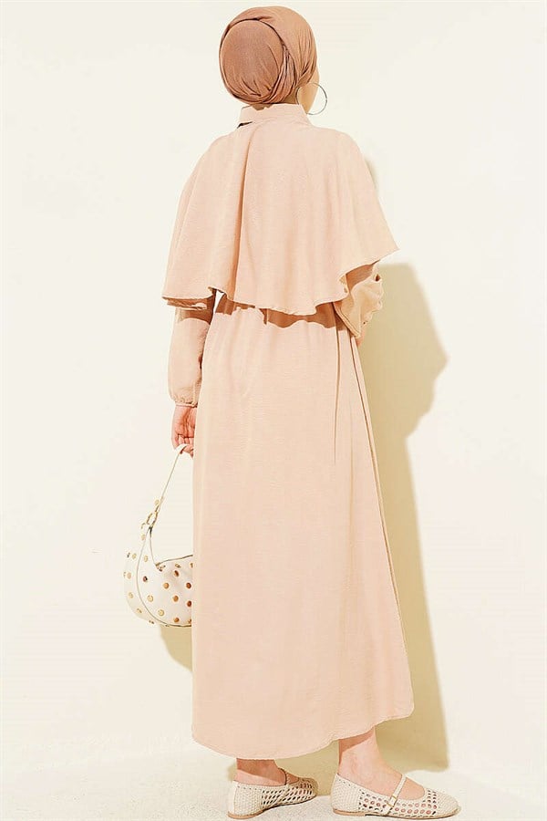 Cape Dress with Elastic Waist and Half Button Closure, Beige