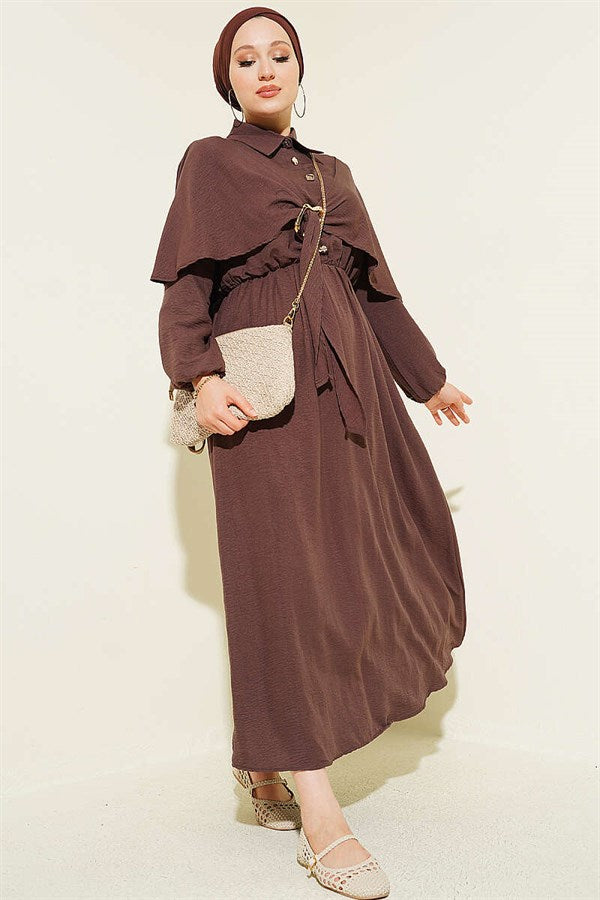 Cape Dress with Elastic Waist and Half Buttons, Brown