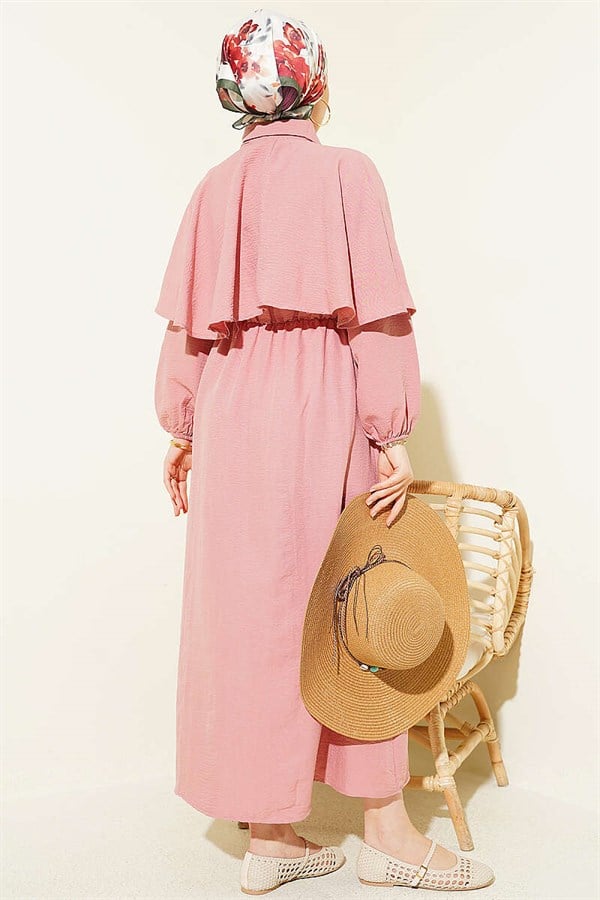Cape Dress with Elastic Waist and Half Buttons, Powder Pink