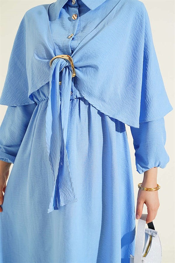 Cape Dress with Elastic Waist and Half Button Closure, Blue