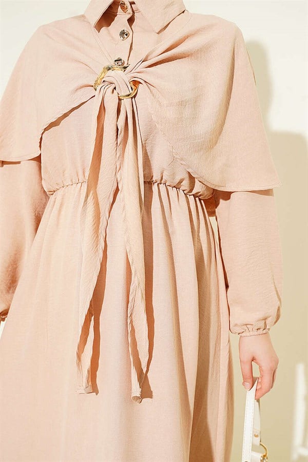 Cape Dress with Elastic Waist and Half Button Closure, Beige
