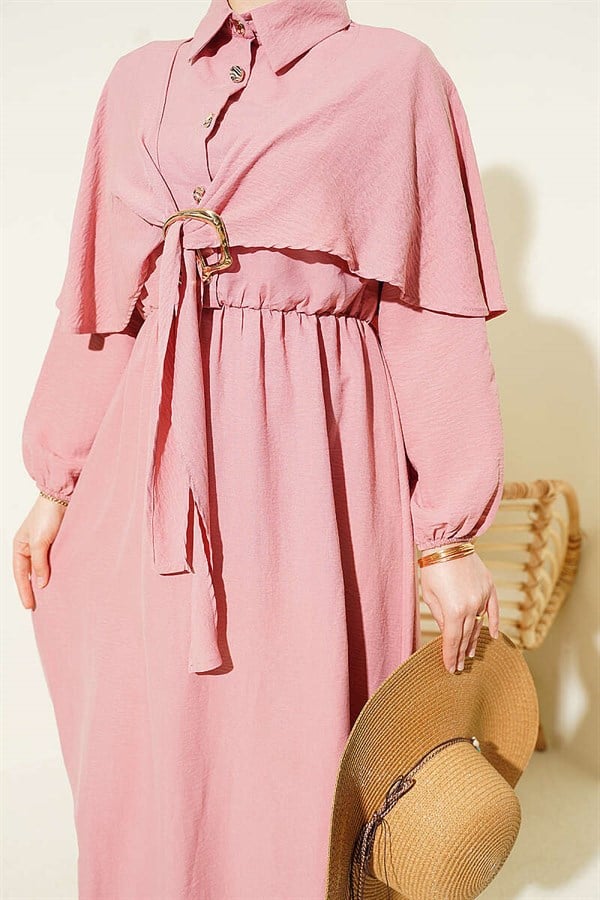 Cape Dress with Elastic Waist and Half Buttons, Powder Pink