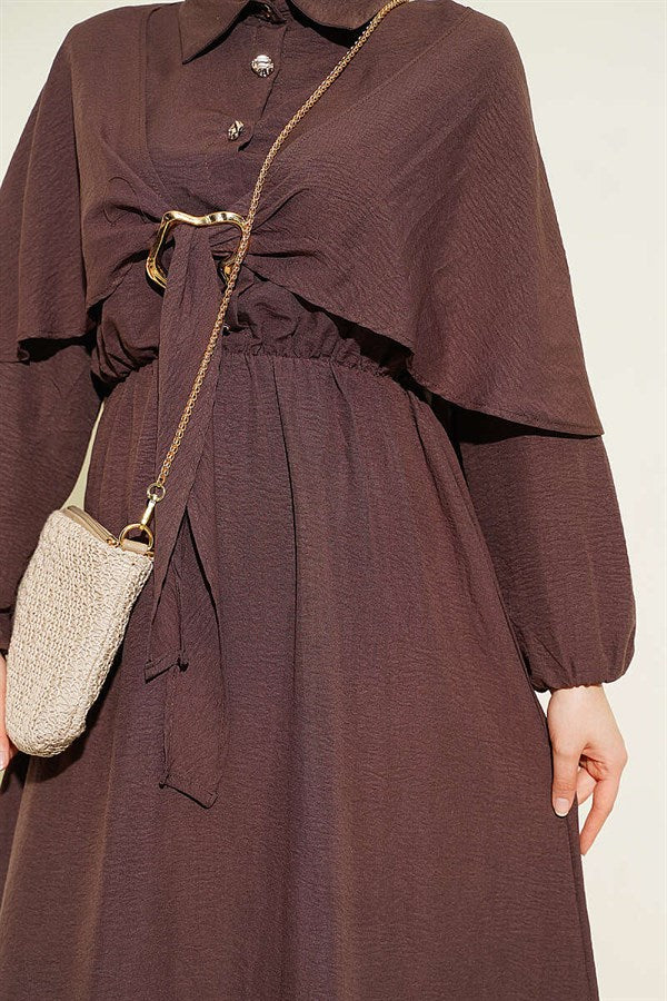 Cape Dress with Elastic Waist and Half Buttons, Brown