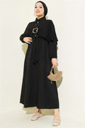 Cape Dress with Elastic Waist and Half Button Closure, Black