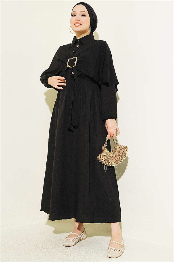 Cape Dress with Elastic Waist and Half Button Closure, Black