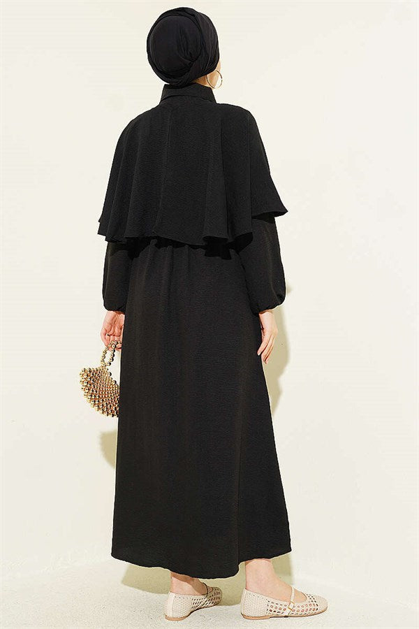 Cape Dress with Elastic Waist and Half Button Closure, Black