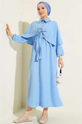 Cape Dress with Elastic Waist and Half Button Closure, Blue