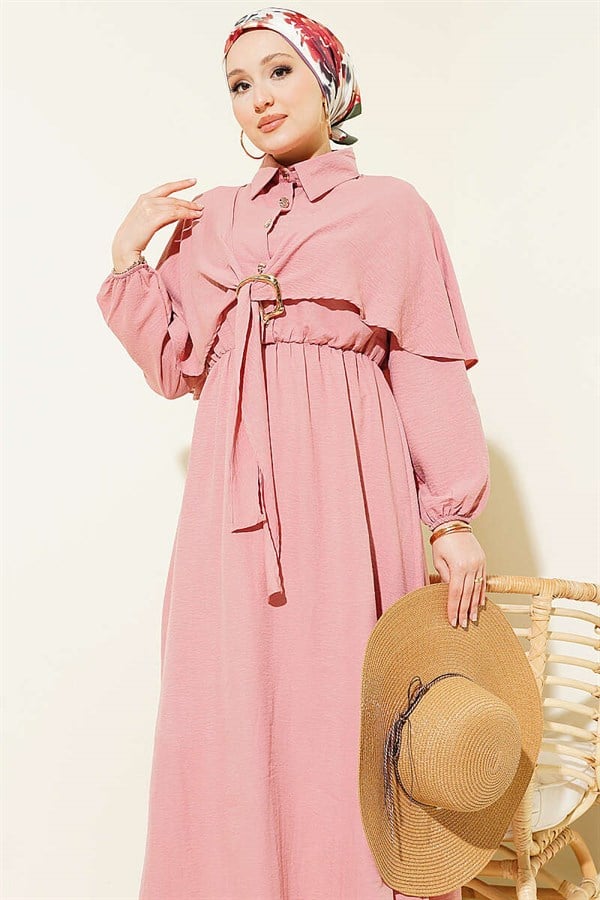 Cape Dress with Elastic Waist and Half Buttons, Powder Pink