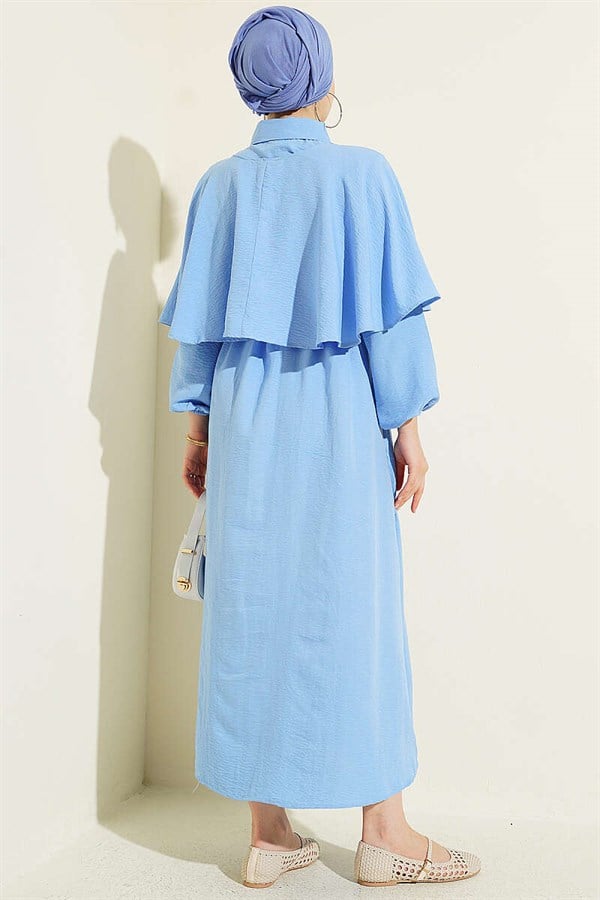 Cape Dress with Elastic Waist and Half Button Closure, Blue