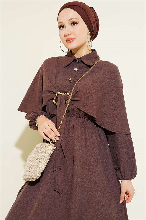 Cape Dress with Elastic Waist and Half Buttons, Brown