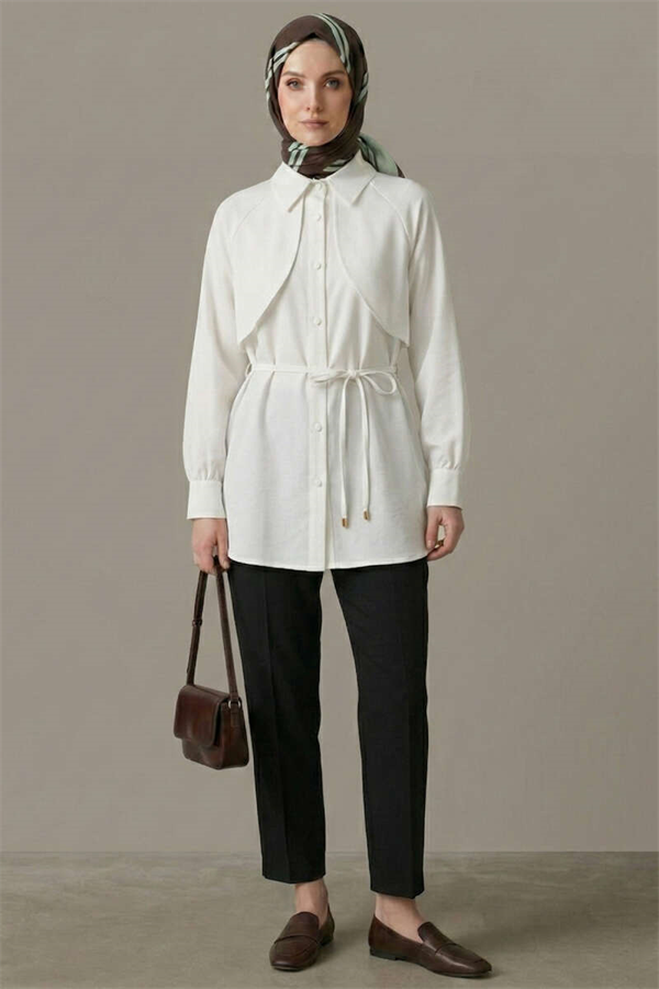 Cape-Style Tunic with Lace Detail, White