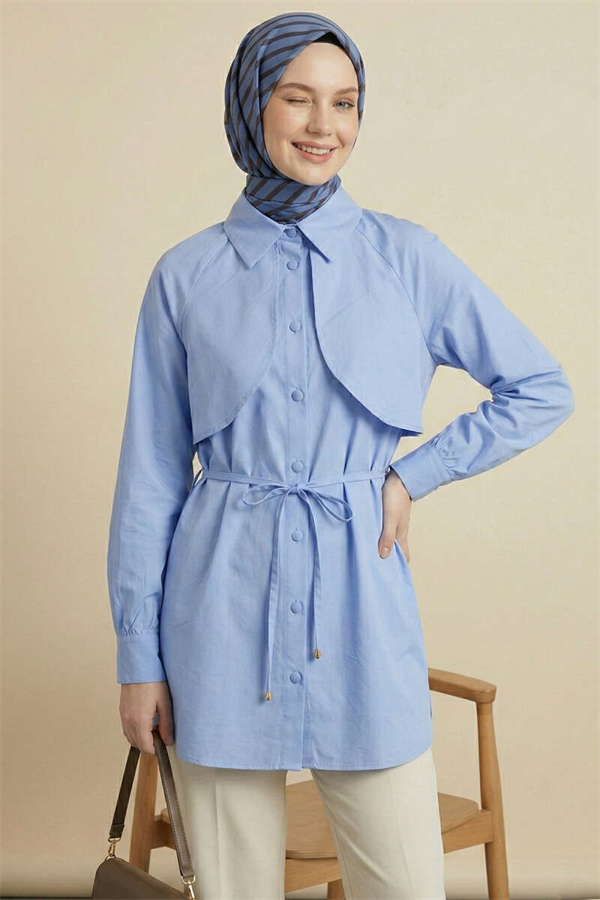 Cape-Style Tunic with Lace Detail, Blue