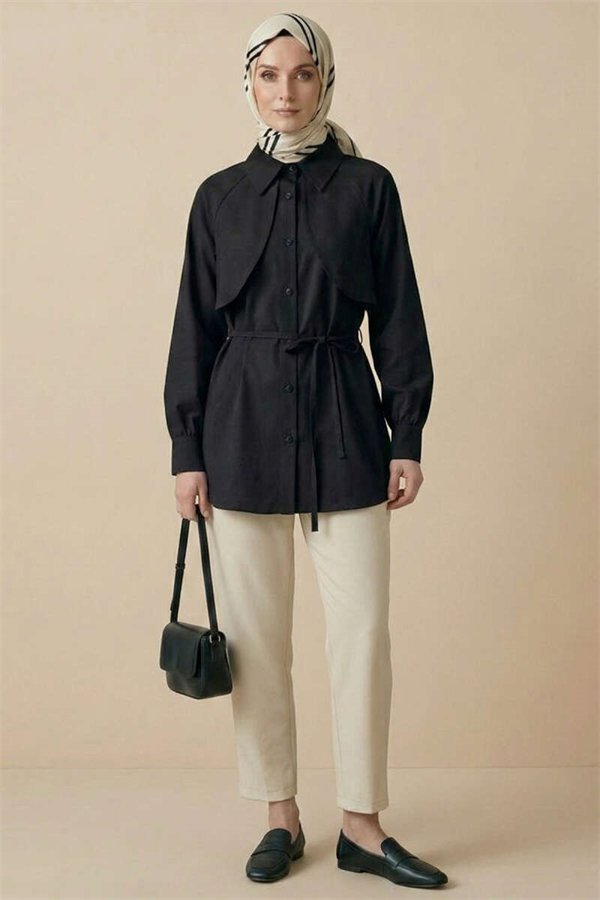 Cape-Style Tunic with Lace Detail, Black