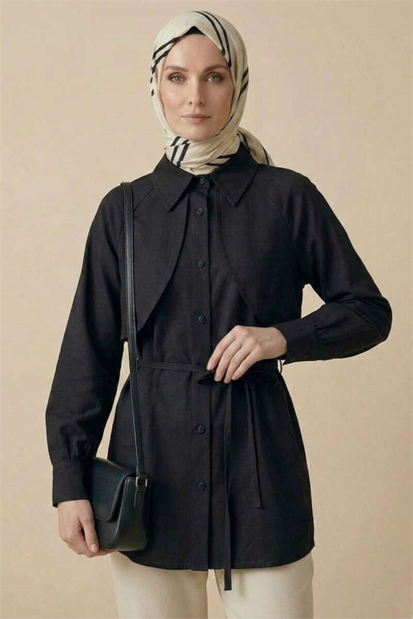 Cape-Style Tunic with Lace Detail, Black