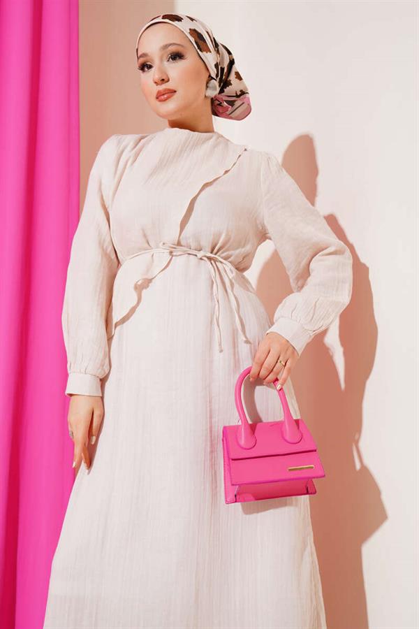Cape and Rope Belted Dress Beige