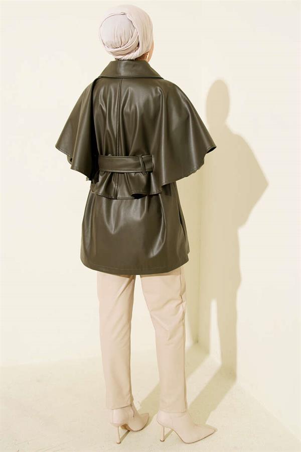 Cape Belted Leather Jacket Khaki