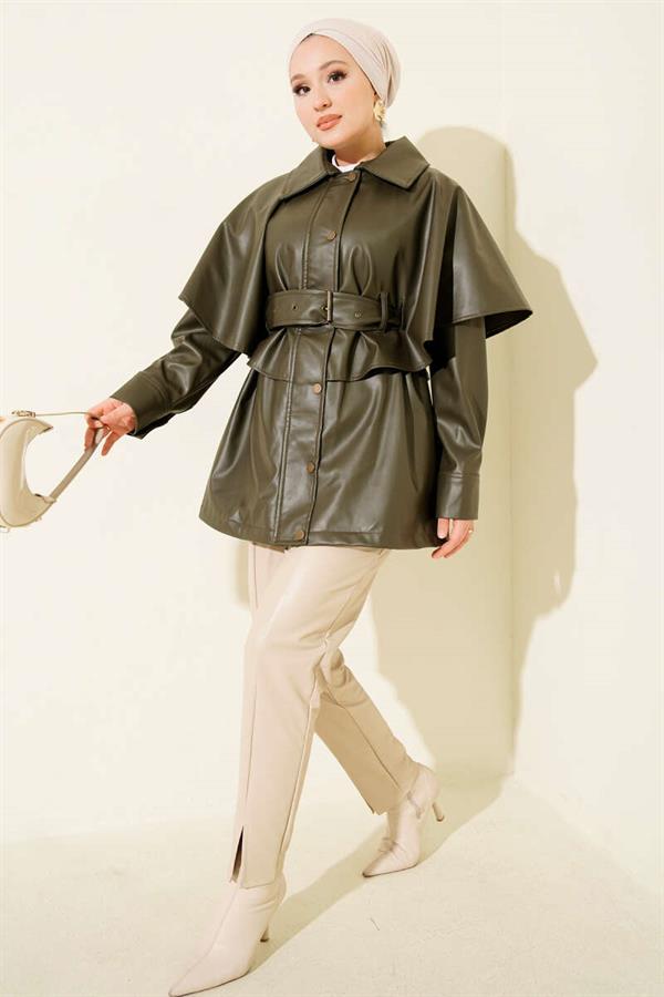 Cape Belted Leather Jacket Khaki