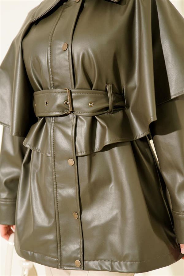 Cape Belted Leather Jacket Khaki
