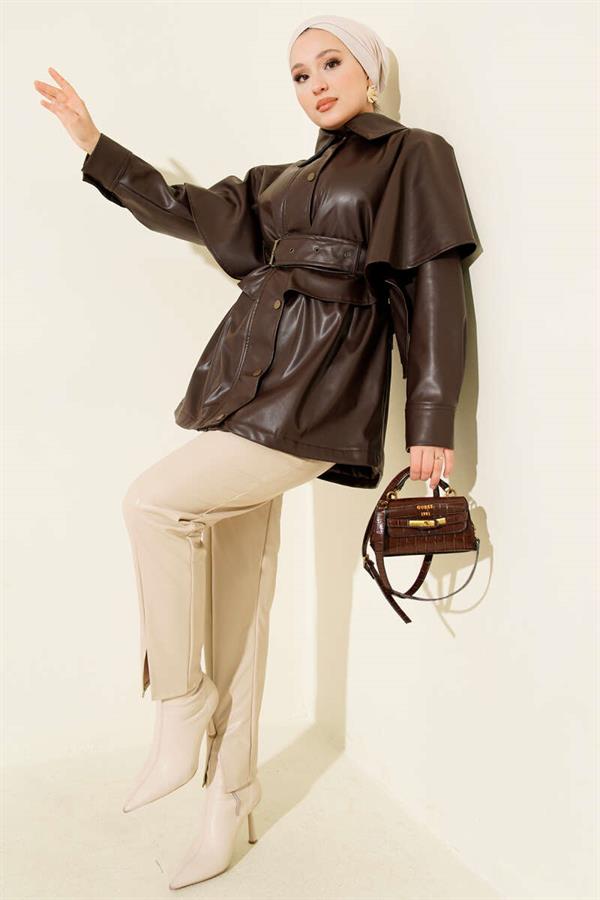 Cape Belted Leather Jacket Brown