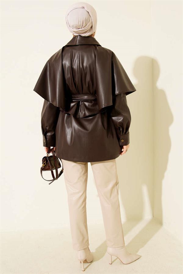 Cape Belted Leather Jacket Brown