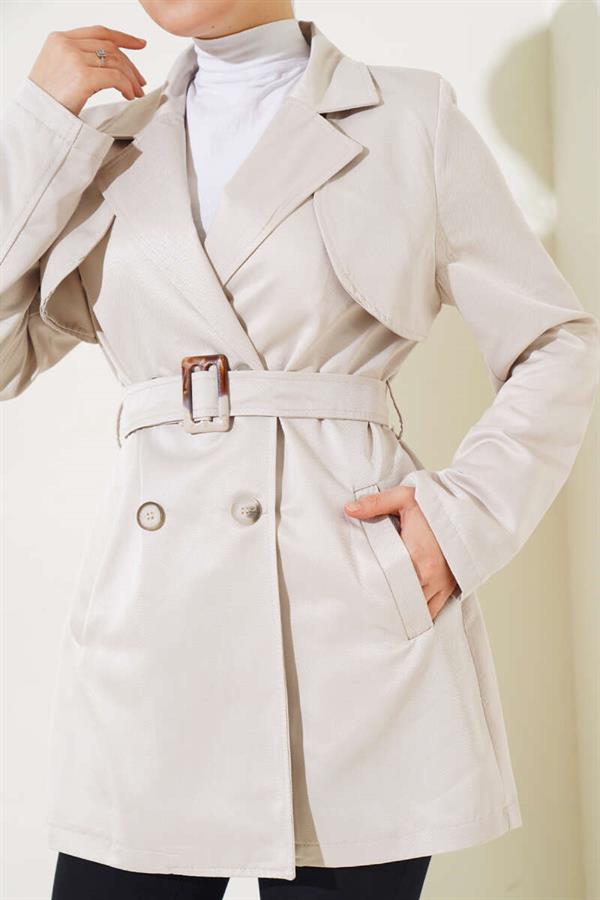 Cape Belted Short Trench Coat Beige