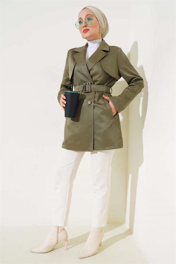 Cape Belted Short Trench Coat Khaki