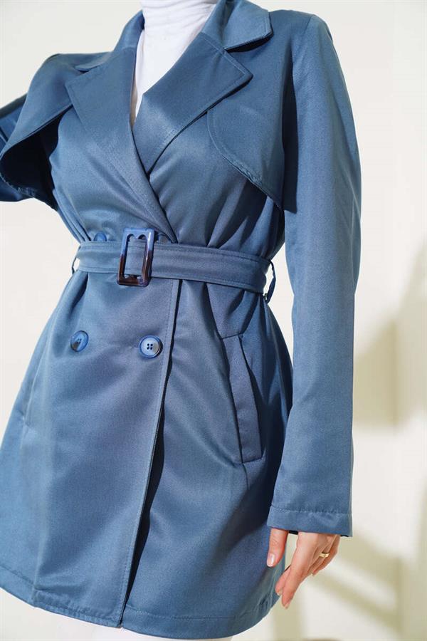 Cape Belted Short Trench Coat Indigo