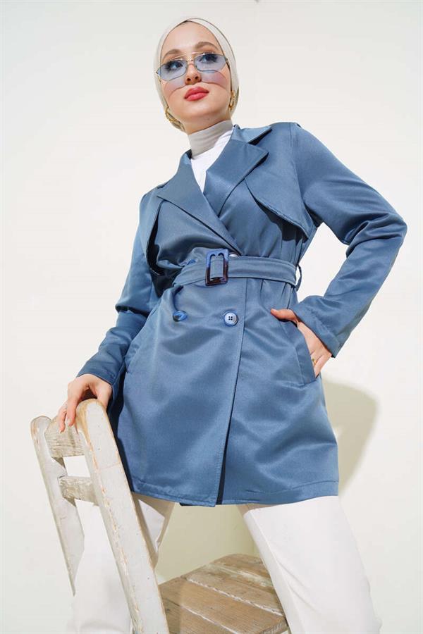 Cape Belted Short Trench Coat Indigo