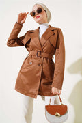 Cape Belted Short Trench Coat Tan