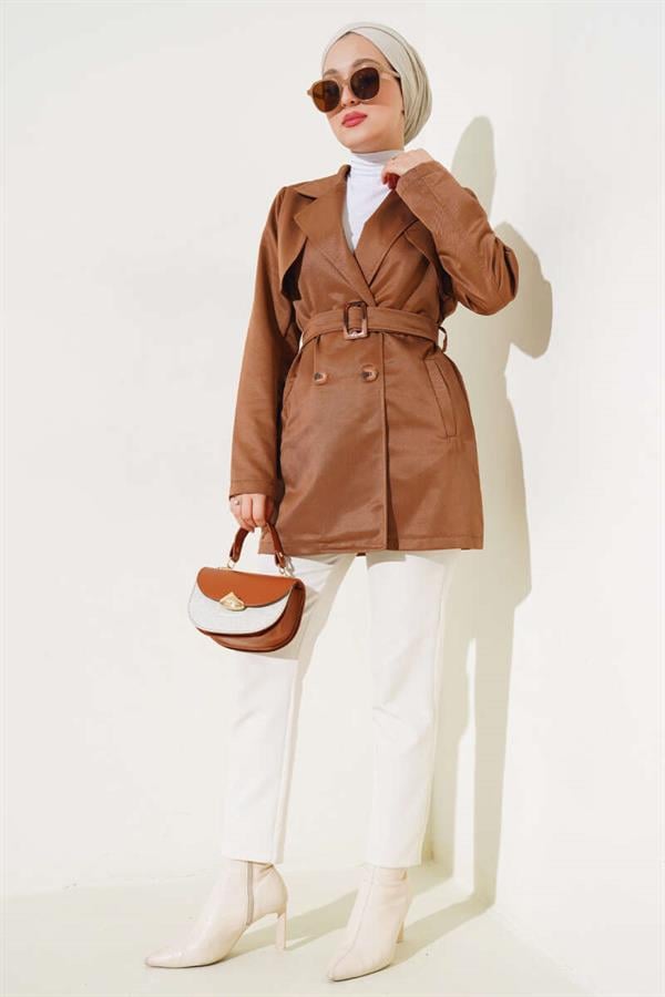 Cape Belted Short Trench Coat Tan
