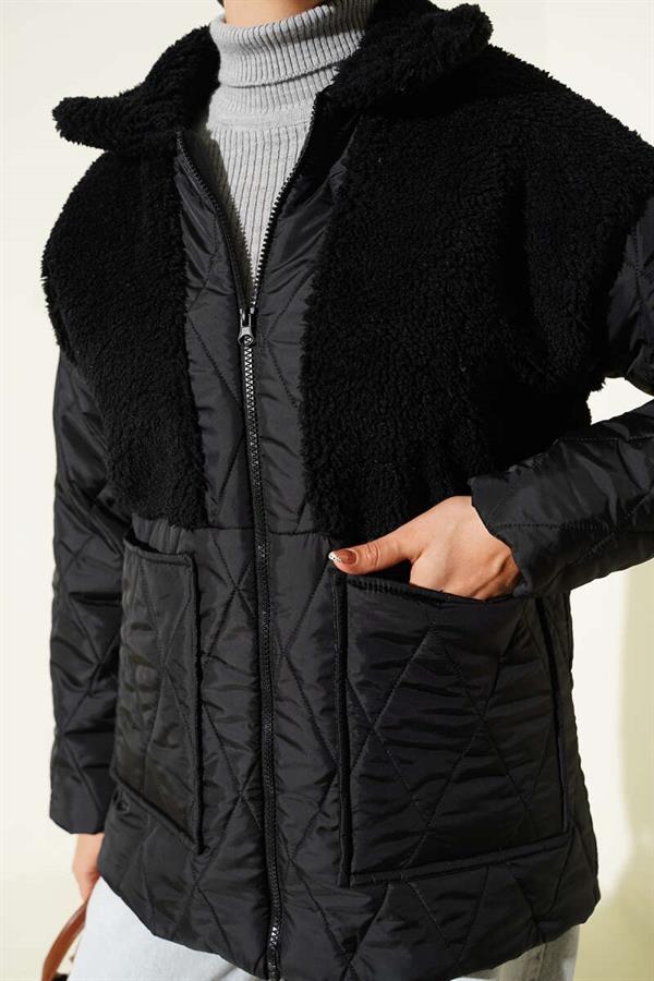 Plush Garnished Oversize Coat Black