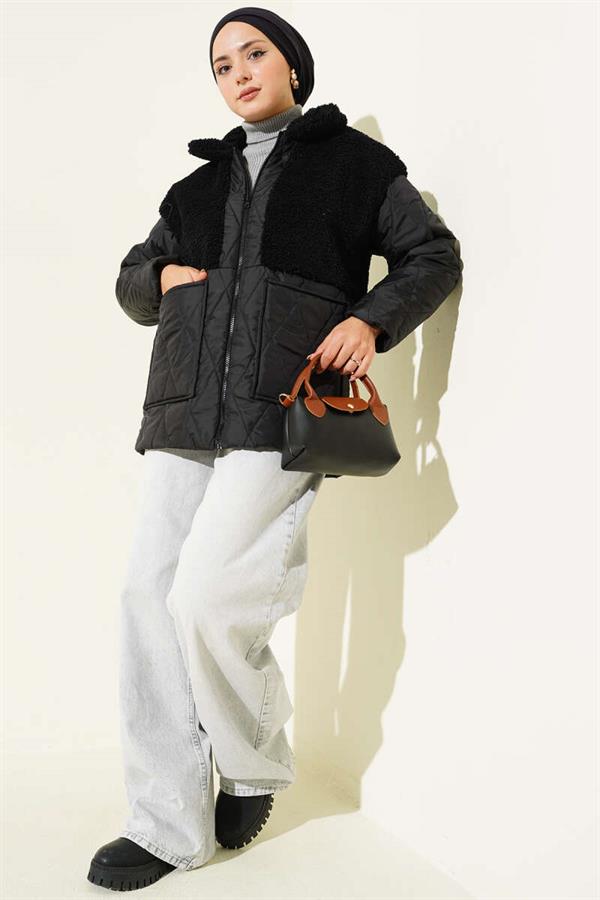 Plush Garnished Oversize Coat Black