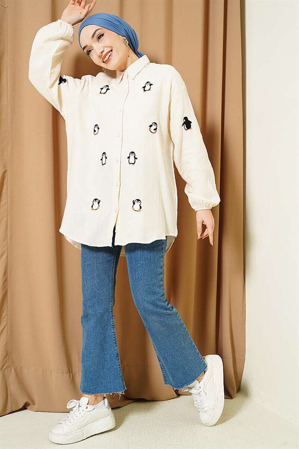 Penguin Embroidered Muslin Shirt, Beige