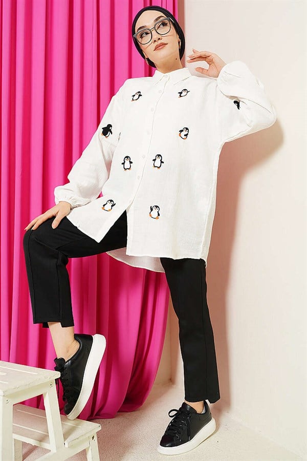 Penguin Embroidered Muslin Shirt, Ecru